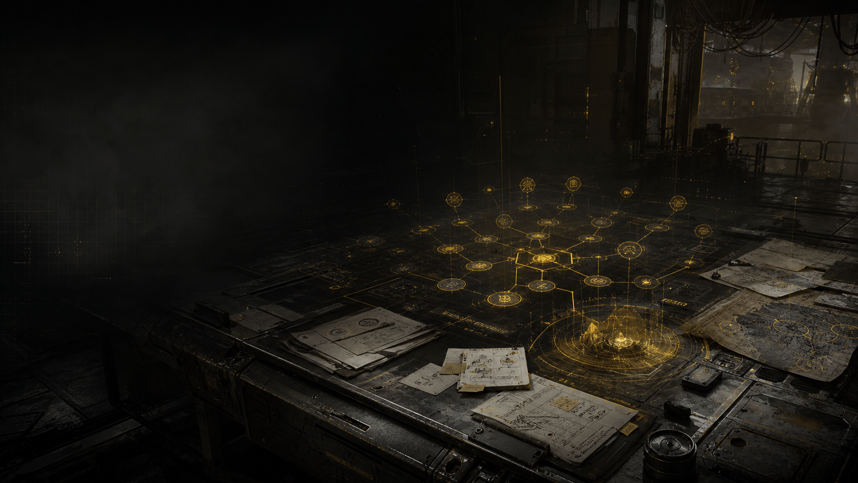 Holographic Arc Raiders skill tree projected over a tactical planning table
