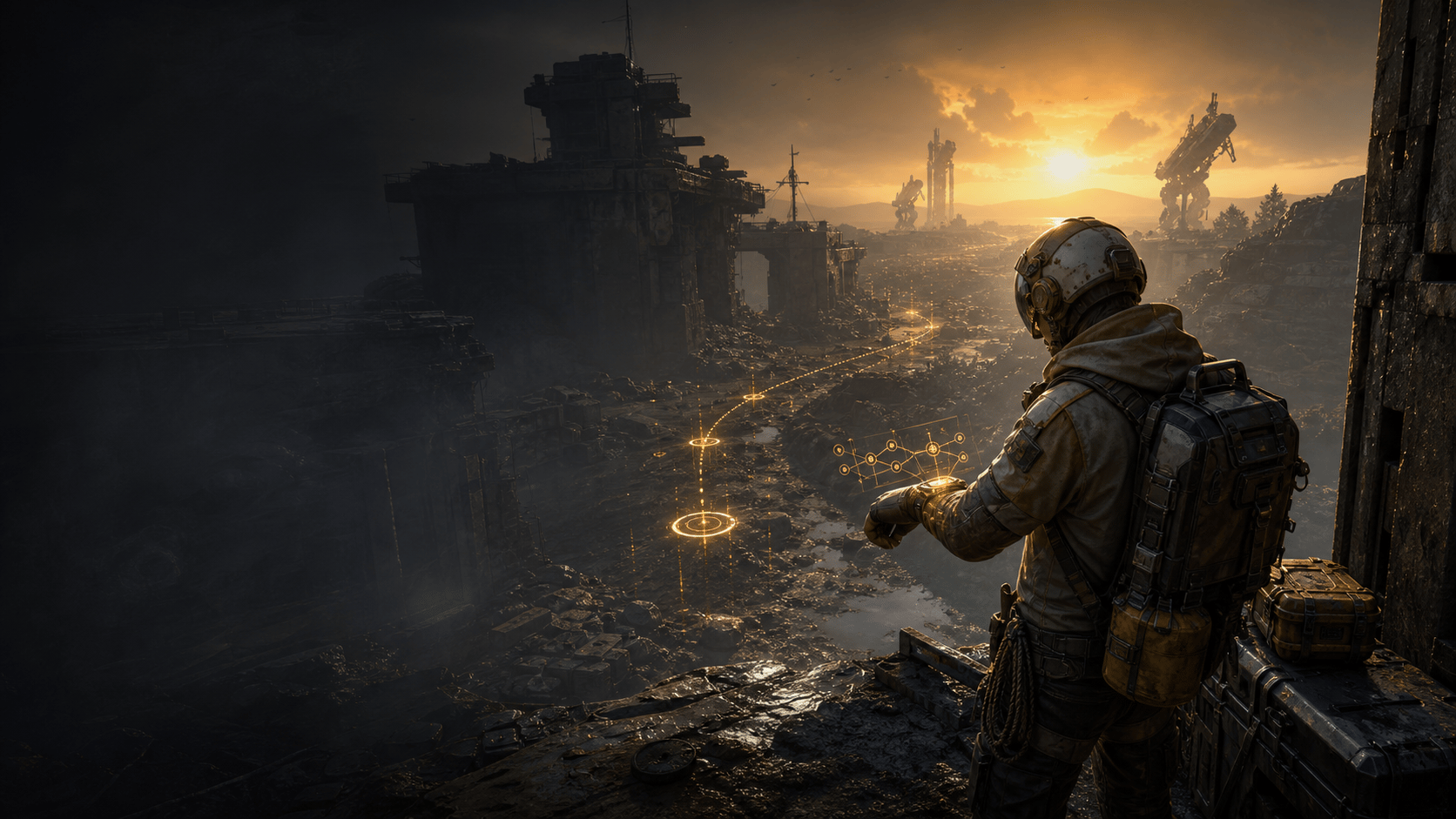 Beginner raider checking a glowing route through a ruined extraction zone
