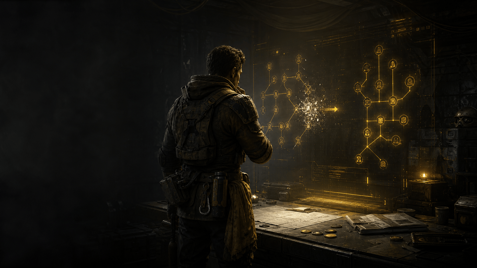 Raider reviewing a holographic skill reset and respec path in a bunker