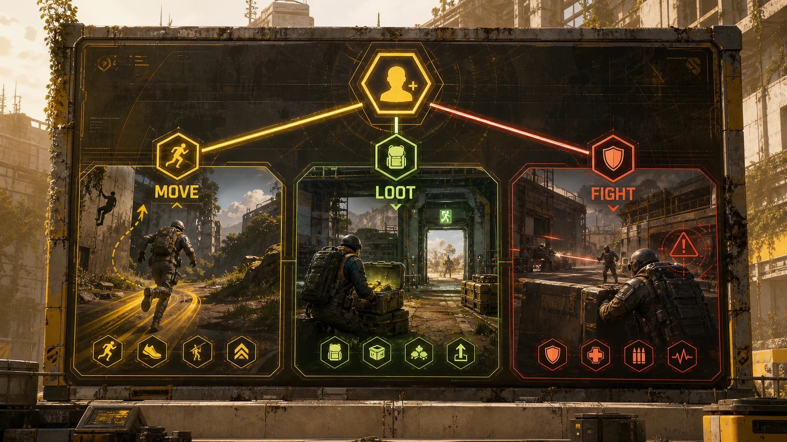 Branch decision infographic showing move loot and fight routes from one skill core