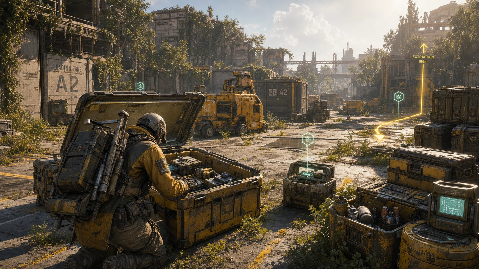 Loot farming build banner showing scavenging crates and extraction planning