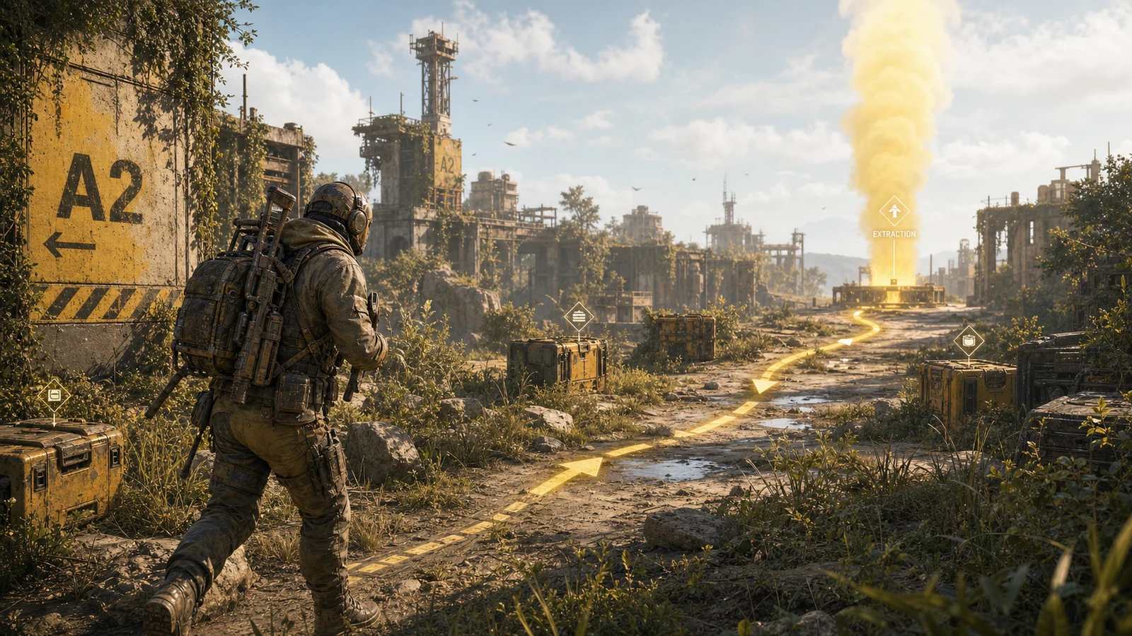 Solo survival build banner showing a lone raider moving toward extraction