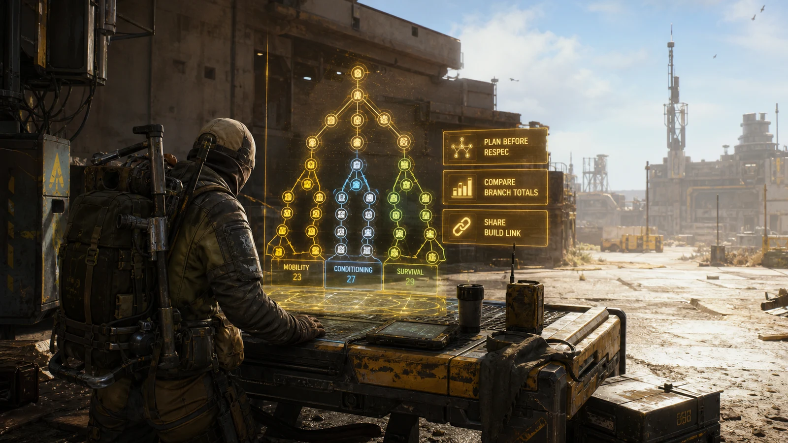 Sci-fi tactical table showing a holographic skill tree planning interface