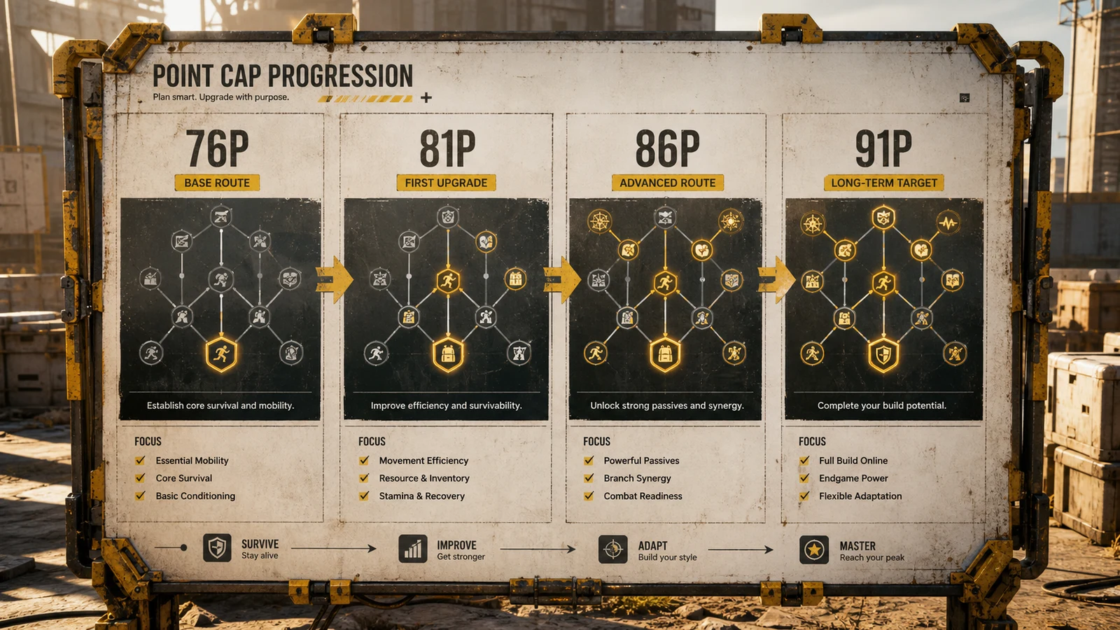 Point cap progression infographic showing 76 81 86 and 91 point planning stages