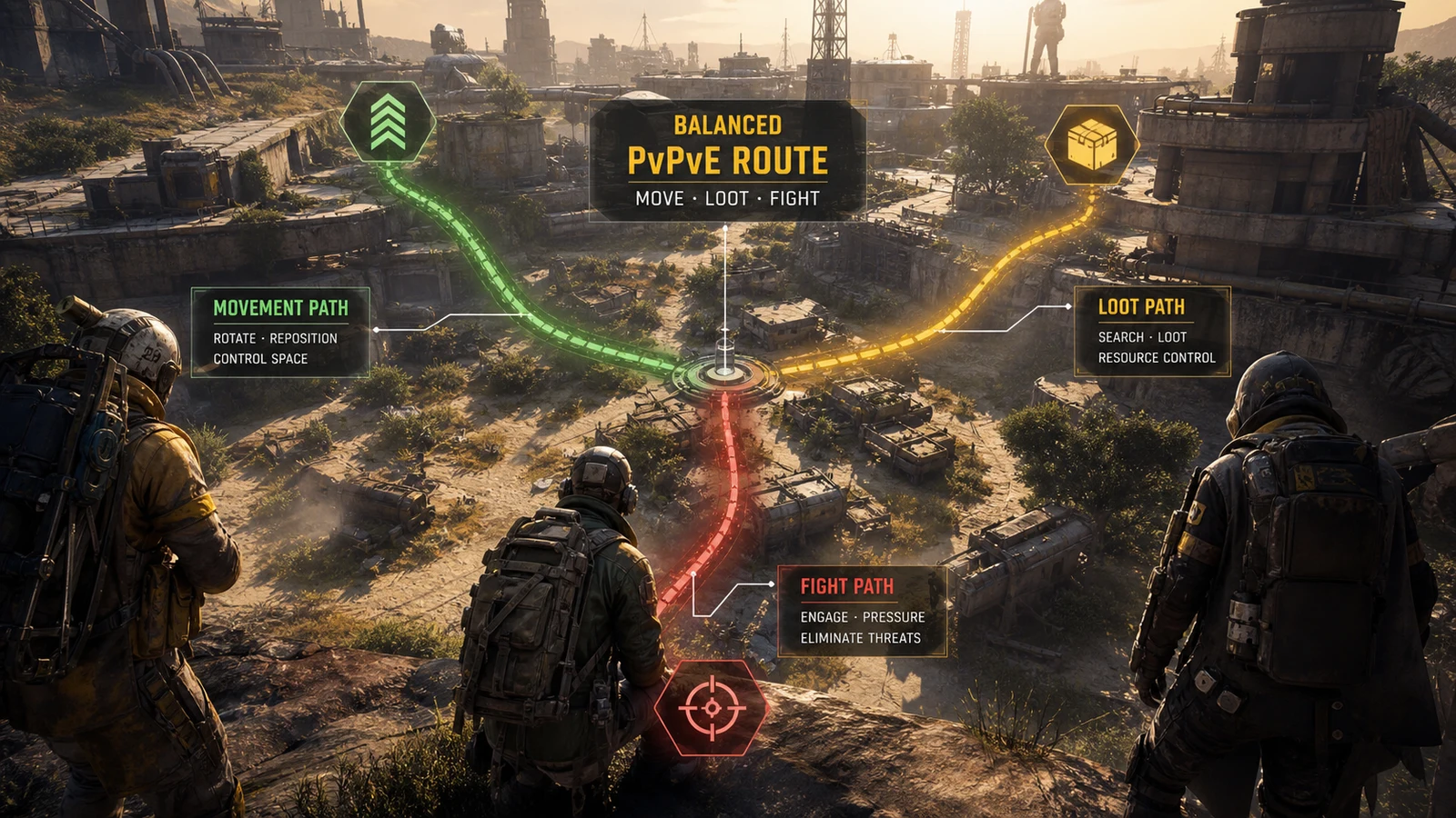 Balanced PvPvE route card showing move loot and fight paths converging