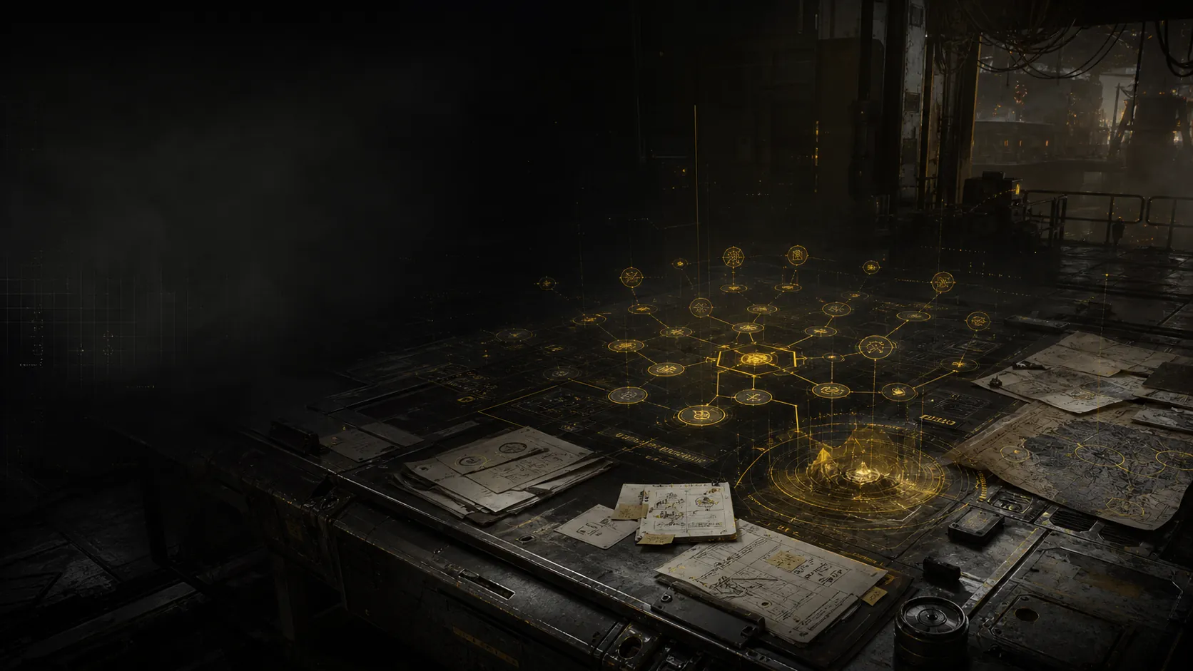Holographic Arc Raiders skill tree projected over a tactical planning table