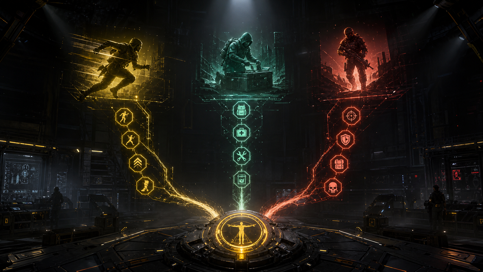 Three futuristic raid routes splitting through a dark industrial command space