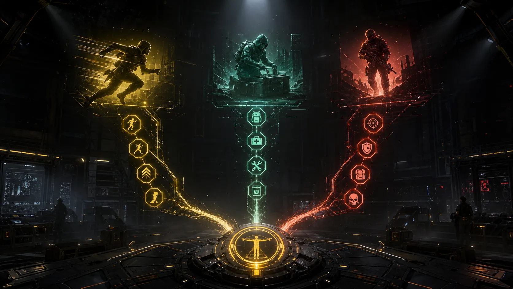 Three futuristic raid routes splitting through a dark industrial command space