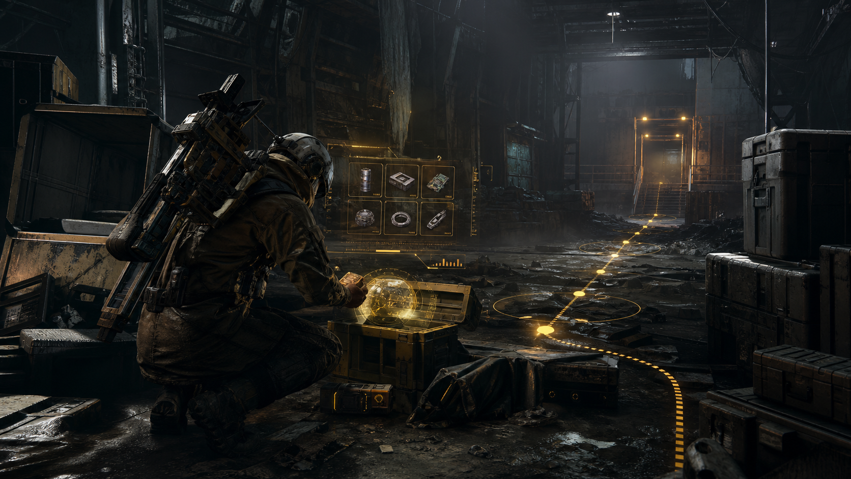 Raider sorting valuable salvage inside a ruined warehouse