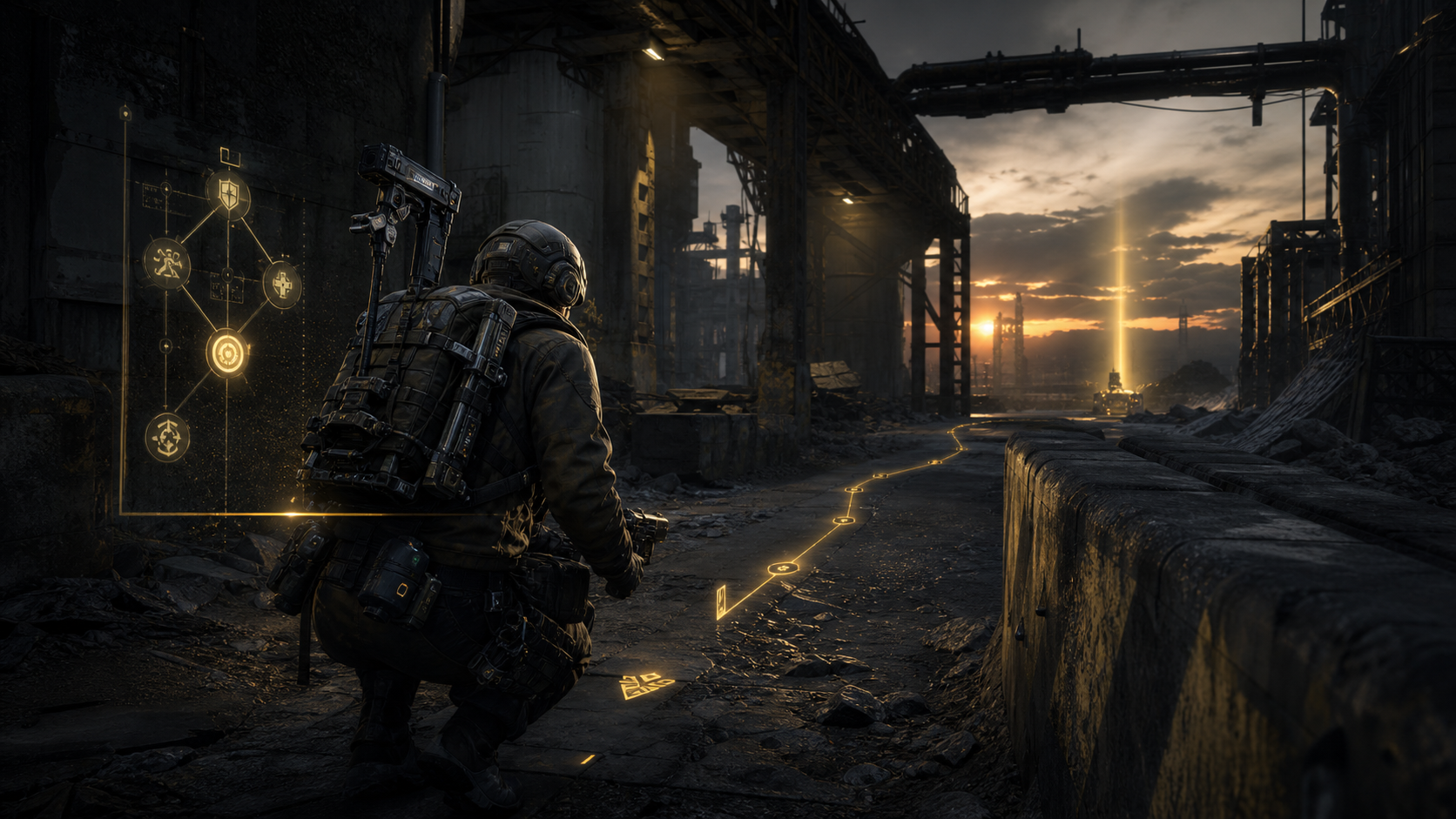 Lone Raider moving through a rain-dark industrial extraction zone