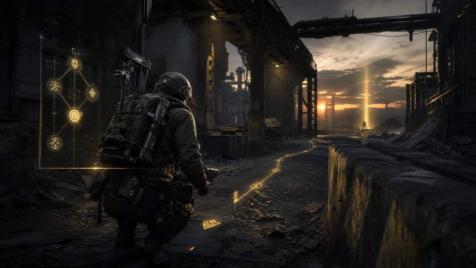 Lone Raider moving through a rain-dark industrial extraction zone
