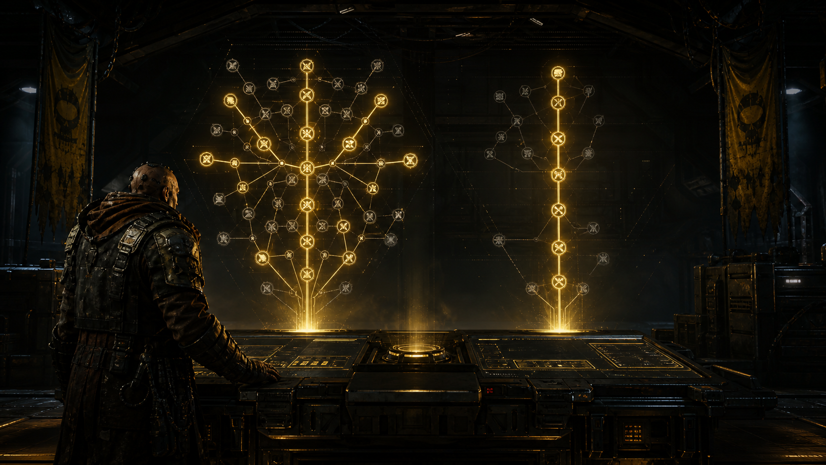 Raider comparing two tactical route projections in a dark operations room